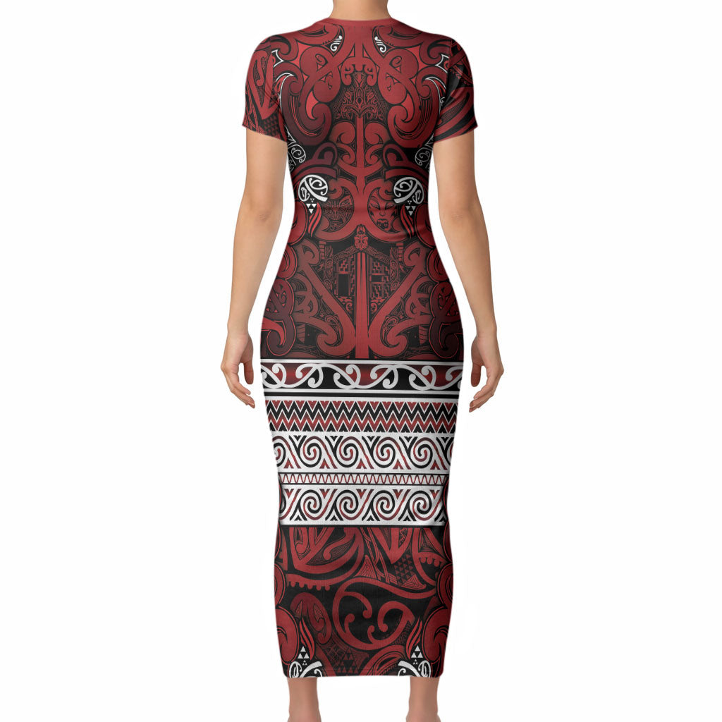 Aotearoa Iwi Te Arawa Short Sleeve Bodycon Dress Maori Wharenui House Tribal Pattern