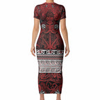 Aotearoa Iwi Te Arawa Short Sleeve Bodycon Dress Maori Wharenui House Tribal Pattern