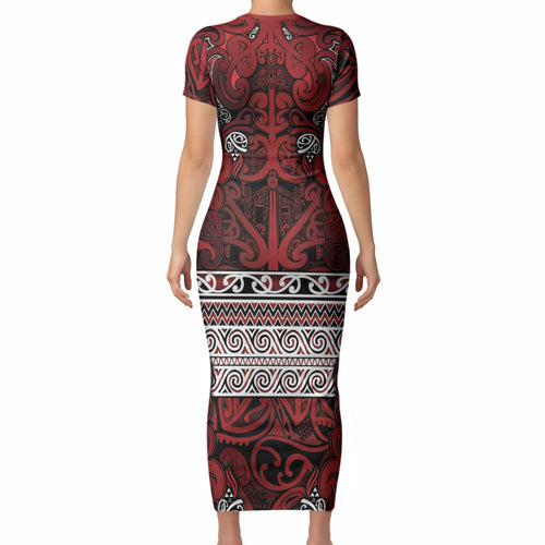Aotearoa Iwi Te Arawa Short Sleeve Bodycon Dress Maori Wharenui House Tribal Pattern