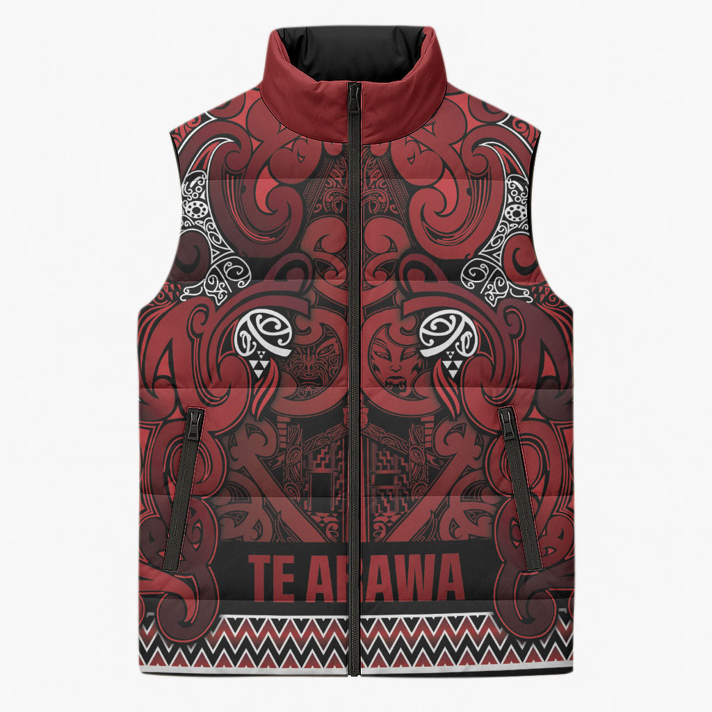 Aotearoa Iwi Te Arawa Sleeveless Puffer Jacket Maori Wharenui House Tribal Pattern