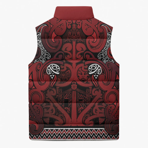 Aotearoa Iwi Te Arawa Sleeveless Puffer Jacket Maori Wharenui House Tribal Pattern