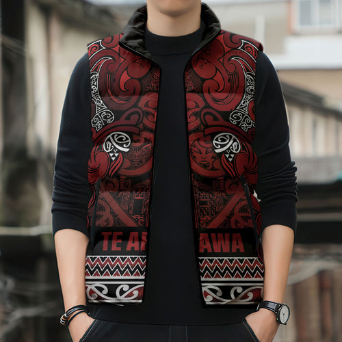 Aotearoa Iwi Te Arawa Sleeveless Puffer Jacket Maori Wharenui House Tribal Pattern