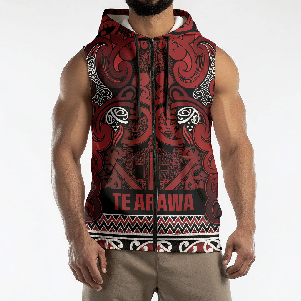 Aotearoa Iwi Te Arawa Sleeveless Zip Hoodie Maori Wharenui House Tribal Pattern