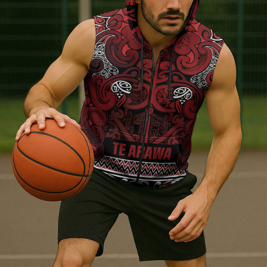 Aotearoa Iwi Te Arawa Sleeveless Zip Hoodie Maori Wharenui House Tribal Pattern
