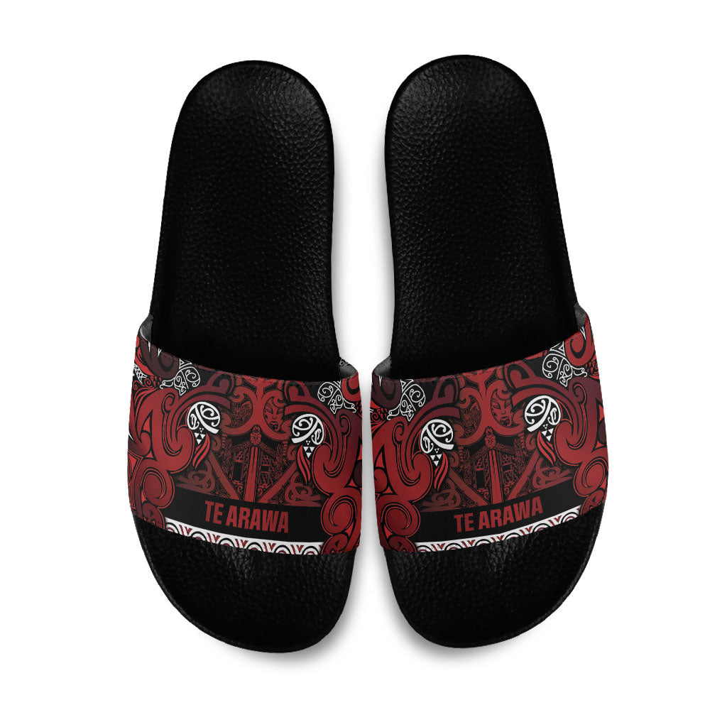 Aotearoa Iwi Te Arawa Slide Sandals Maori Wharenui House Tribal Pattern