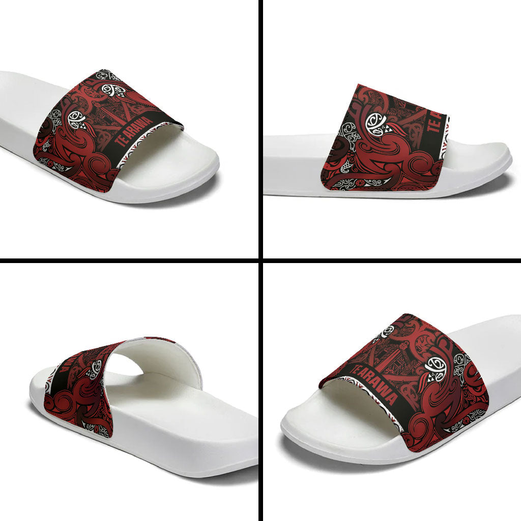Aotearoa Iwi Te Arawa Slide Sandals Maori Wharenui House Tribal Pattern