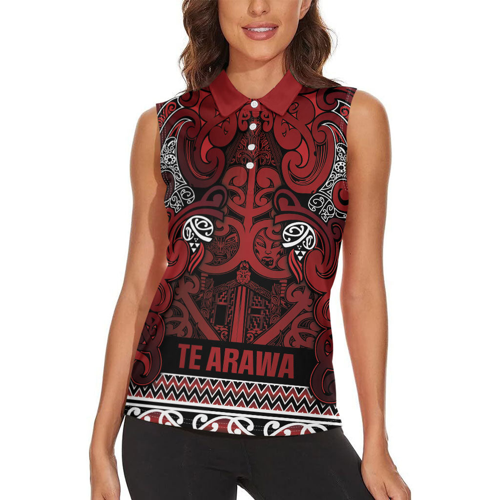 Aotearoa Iwi Te Arawa Women Sleeveless Polo Shirt Maori Wharenui House Tribal Pattern