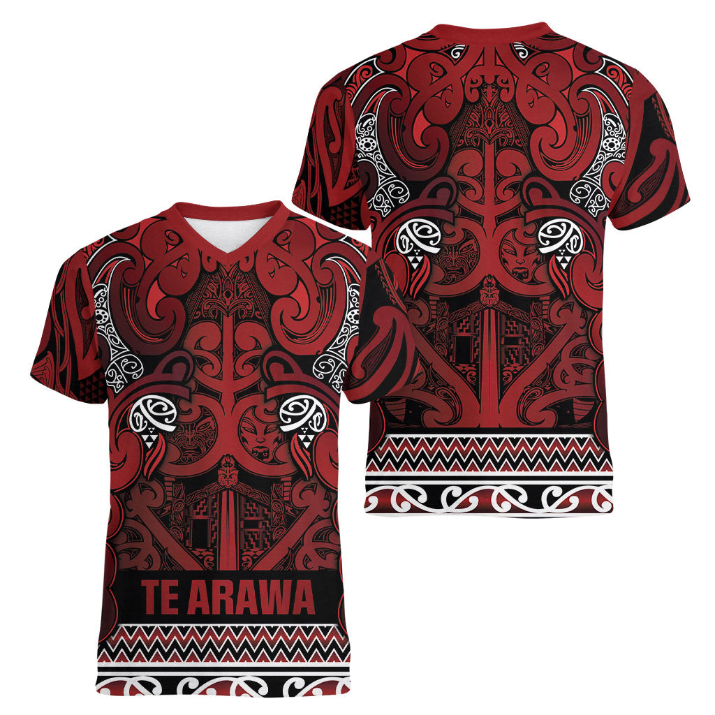 Aotearoa Iwi Te Arawa Women V-Neck T-Shirt Maori Wharenui House Tribal Pattern