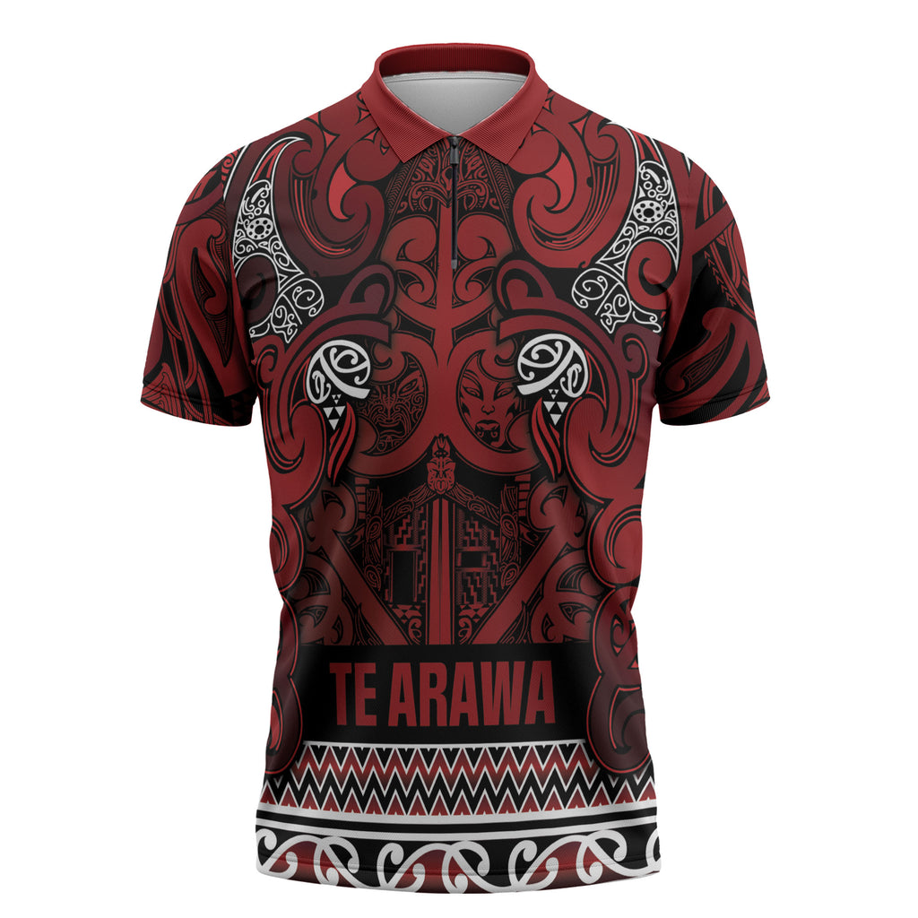 Aotearoa Iwi Te Arawa Zipper Polo Shirt Maori Wharenui House Tribal Pattern