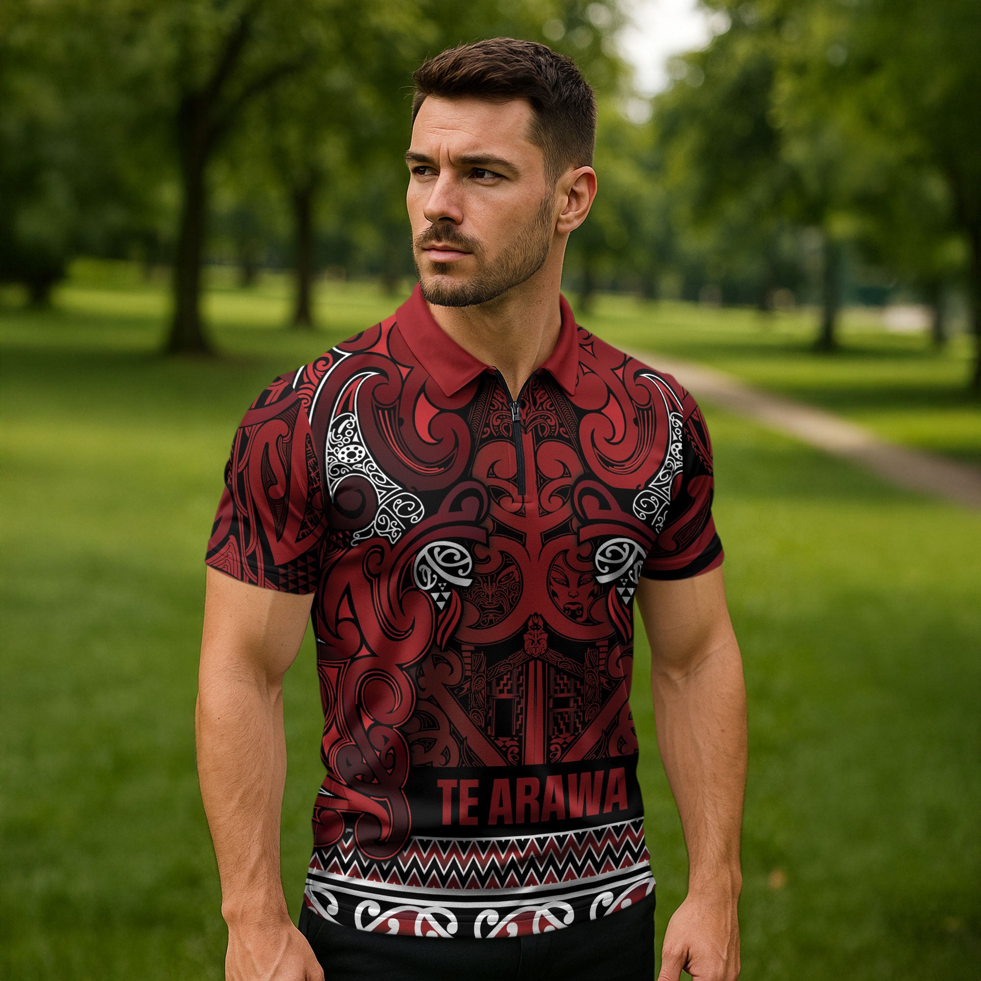 Aotearoa Iwi Te Arawa Zipper Polo Shirt Maori Wharenui House Tribal Pattern