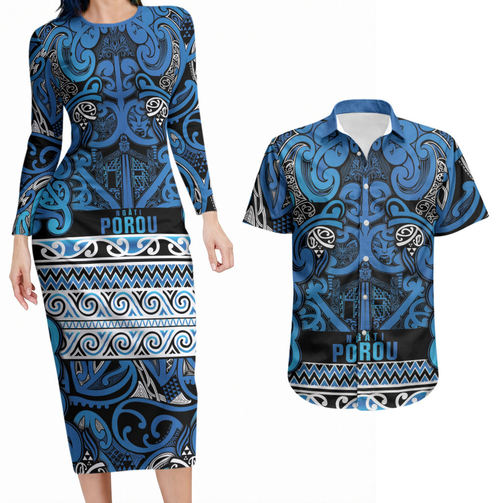 Aotearoa Iwi Ngati Porou Couples Matching Long Sleeve Bodycon Dress and Hawaiian Shirt Maori Wharenui House Tribal Pattern