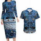 Aotearoa Iwi Ngati Porou Couples Matching Long Sleeve Bodycon Dress and Hawaiian Shirt Maori Wharenui House Tribal Pattern