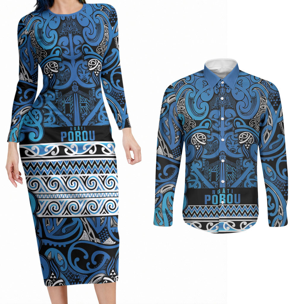 Aotearoa Iwi Ngati Porou Couples Matching Long Sleeve Bodycon Dress and Long Sleeve Button Shirt Maori Wharenui House Tribal Pattern