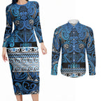 Aotearoa Iwi Ngati Porou Couples Matching Long Sleeve Bodycon Dress and Long Sleeve Button Shirt Maori Wharenui House Tribal Pattern