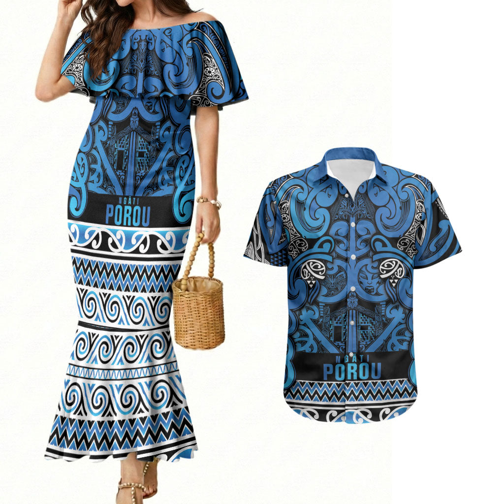 Aotearoa Iwi Ngati Porou Couples Matching Mermaid Dress and Hawaiian Shirt Maori Wharenui House Tribal Pattern