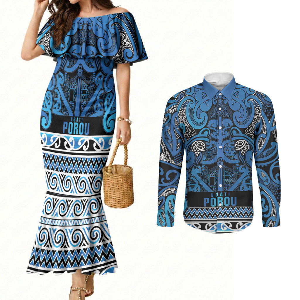 Aotearoa Iwi Ngati Porou Couples Matching Mermaid Dress and Long Sleeve Button Shirt Maori Wharenui House Tribal Pattern