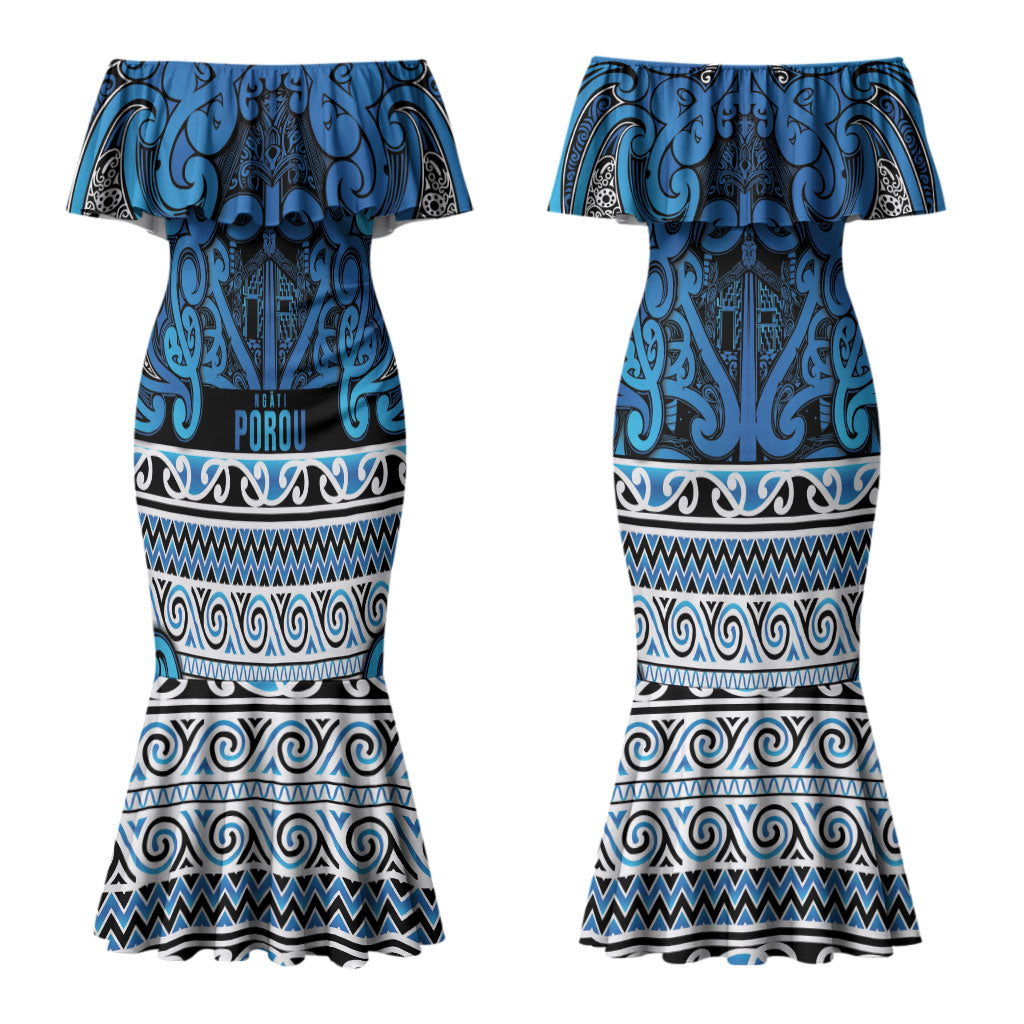 Aotearoa Iwi Ngati Porou Couples Matching Mermaid Dress and Long Sleeve Button Shirt Maori Wharenui House Tribal Pattern
