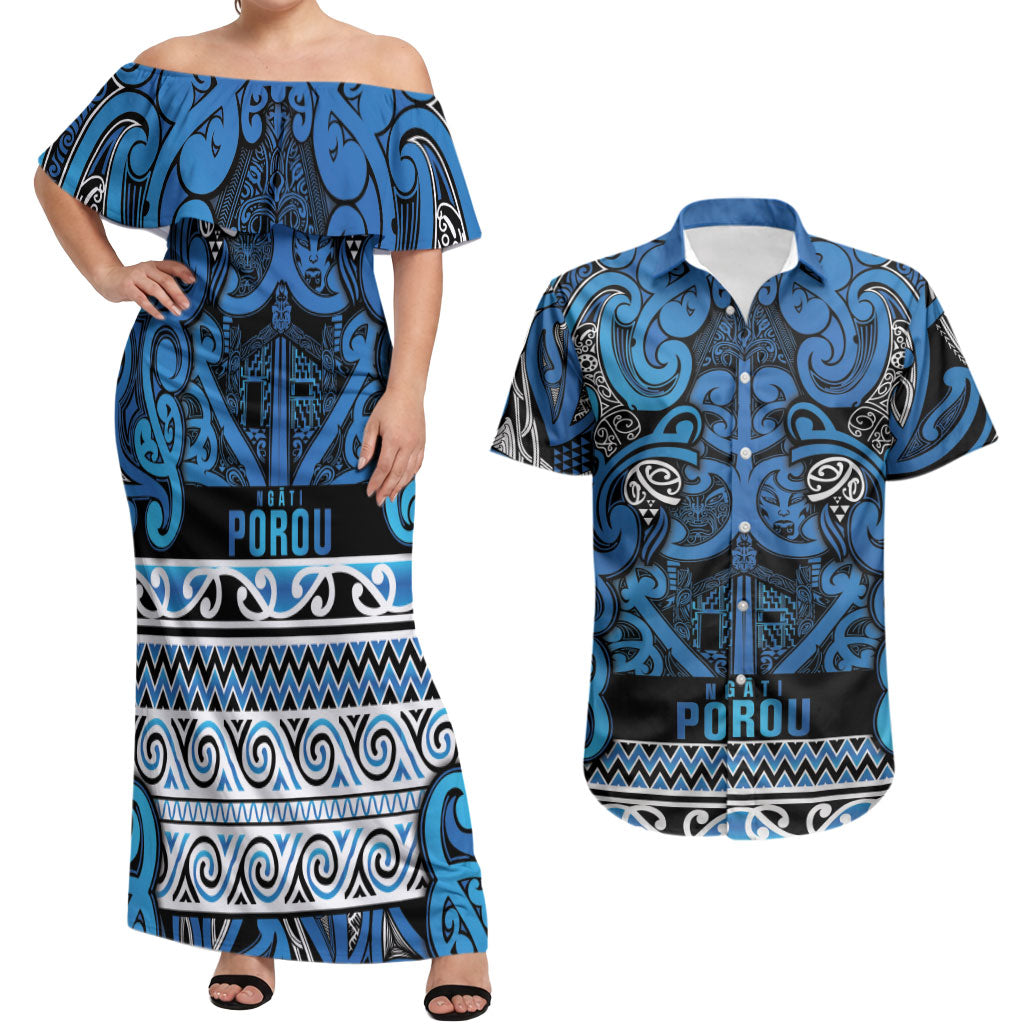 Aotearoa Iwi Ngati Porou Couples Matching Off Shoulder Maxi Dress and Hawaiian Shirt Maori Wharenui House Tribal Pattern