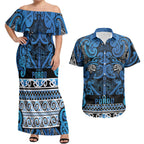 Aotearoa Iwi Ngati Porou Couples Matching Off Shoulder Maxi Dress and Hawaiian Shirt Maori Wharenui House Tribal Pattern