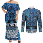 Aotearoa Iwi Ngati Porou Couples Matching Off Shoulder Maxi Dress and Long Sleeve Button Shirt Maori Wharenui House Tribal Pattern