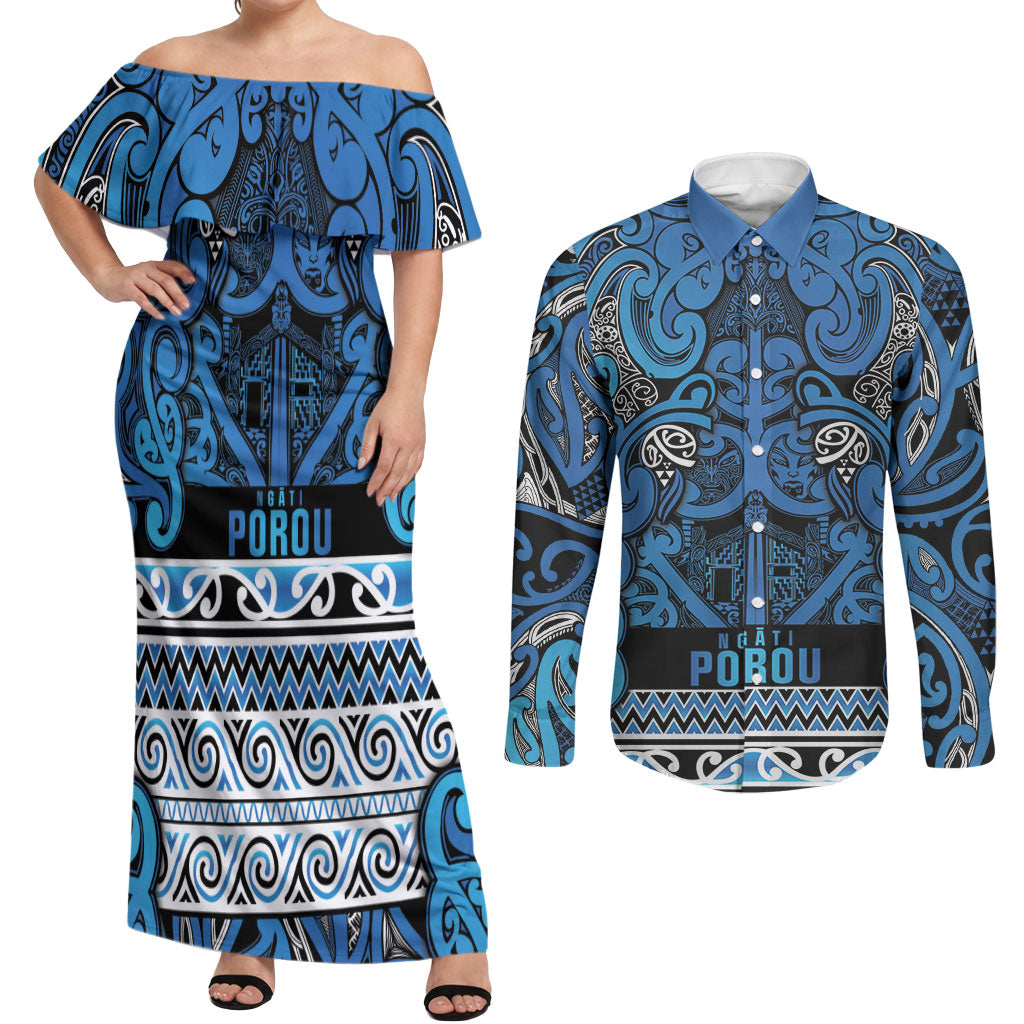 Aotearoa Iwi Ngati Porou Couples Matching Off Shoulder Maxi Dress and Long Sleeve Button Shirt Maori Wharenui House Tribal Pattern