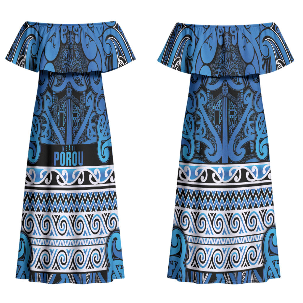 Aotearoa Iwi Ngati Porou Couples Matching Off Shoulder Maxi Dress and Long Sleeve Button Shirt Maori Wharenui House Tribal Pattern