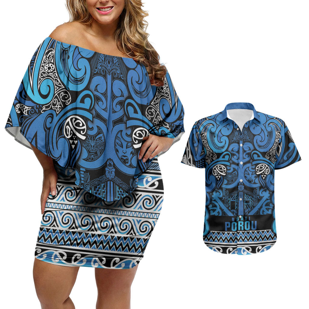 Aotearoa Iwi Ngati Porou Couples Matching Off Shoulder Short Dress and Hawaiian Shirt Maori Wharenui House Tribal Pattern