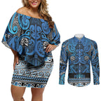 Aotearoa Iwi Ngati Porou Couples Matching Off Shoulder Short Dress and Long Sleeve Button Shirt Maori Wharenui House Tribal Pattern