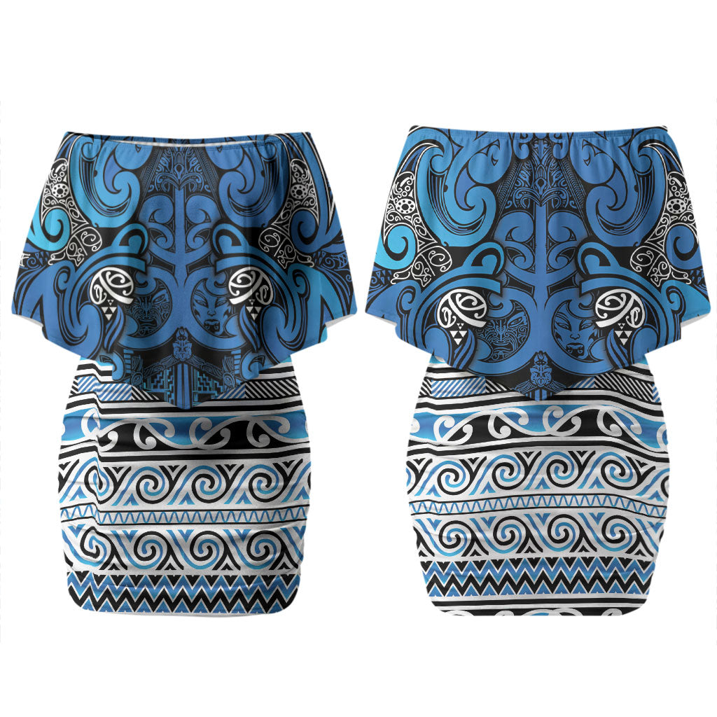 Aotearoa Iwi Ngati Porou Couples Matching Off Shoulder Short Dress and Long Sleeve Button Shirt Maori Wharenui House Tribal Pattern