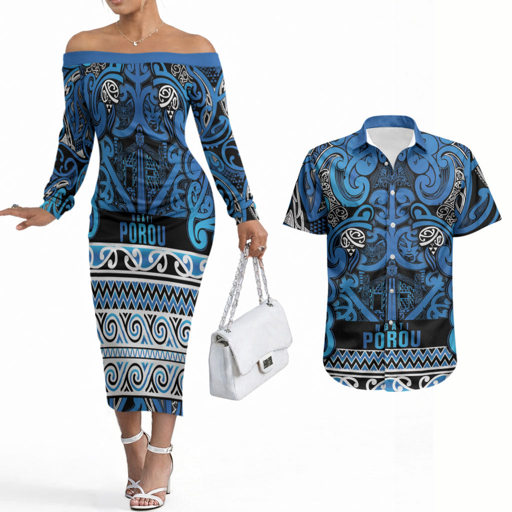 Aotearoa Iwi Ngati Porou Couples Matching Off The Shoulder Long Sleeve Dress and Hawaiian Shirt Maori Wharenui House Tribal Pattern