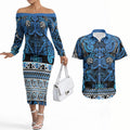 Aotearoa Iwi Ngati Porou Couples Matching Off The Shoulder Long Sleeve Dress and Hawaiian Shirt Maori Wharenui House Tribal Pattern