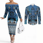 Aotearoa Iwi Ngati Porou Couples Matching Off The Shoulder Long Sleeve Dress and Long Sleeve Button Shirt Maori Wharenui House Tribal Pattern