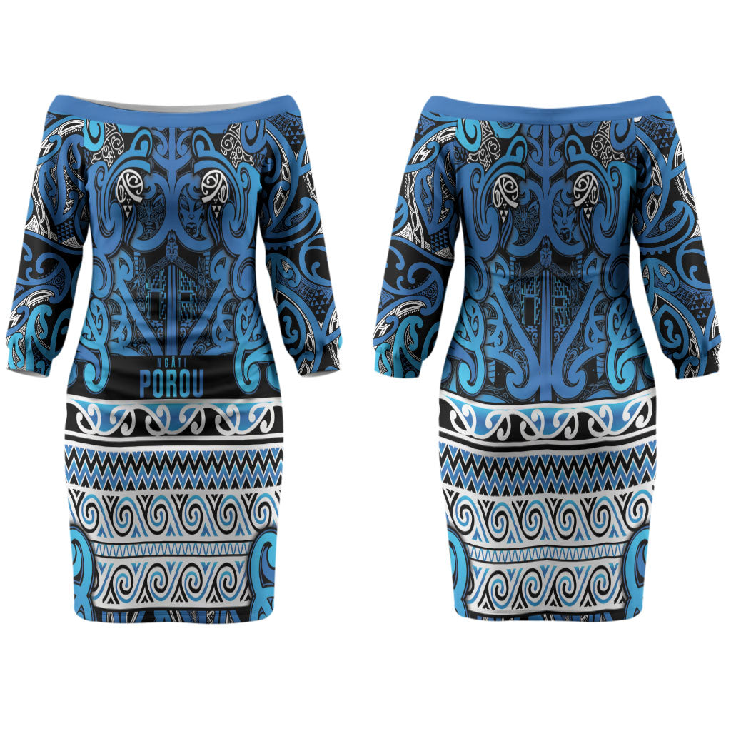 Aotearoa Iwi Ngati Porou Couples Matching Off The Shoulder Long Sleeve Dress and Long Sleeve Button Shirt Maori Wharenui House Tribal Pattern