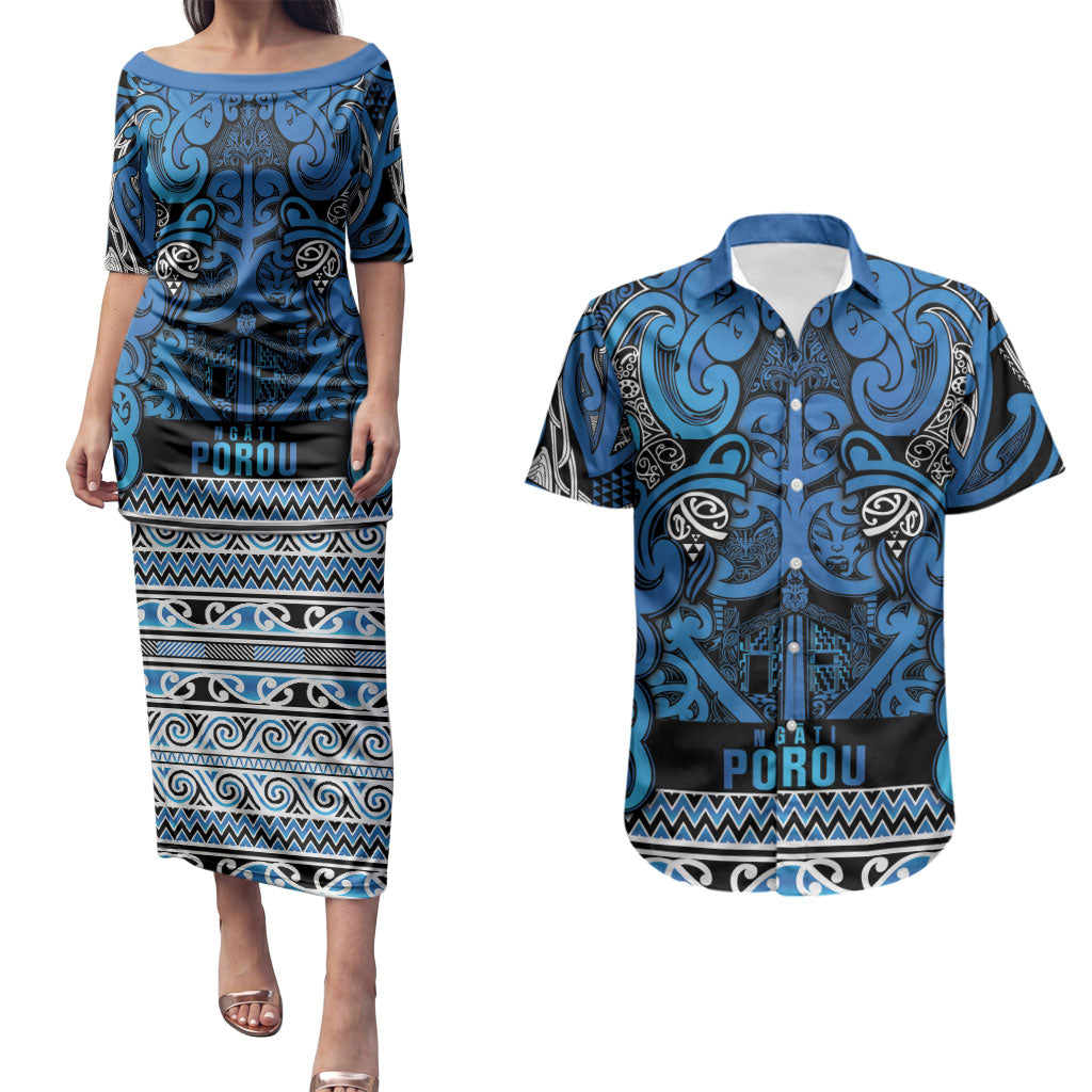 Aotearoa Iwi Ngati Porou Couples Matching Puletasi and Hawaiian Shirt Maori Wharenui House Tribal Pattern