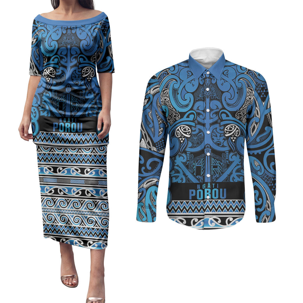 Aotearoa Iwi Ngati Porou Couples Matching Puletasi and Long Sleeve Button Shirt Maori Wharenui House Tribal Pattern