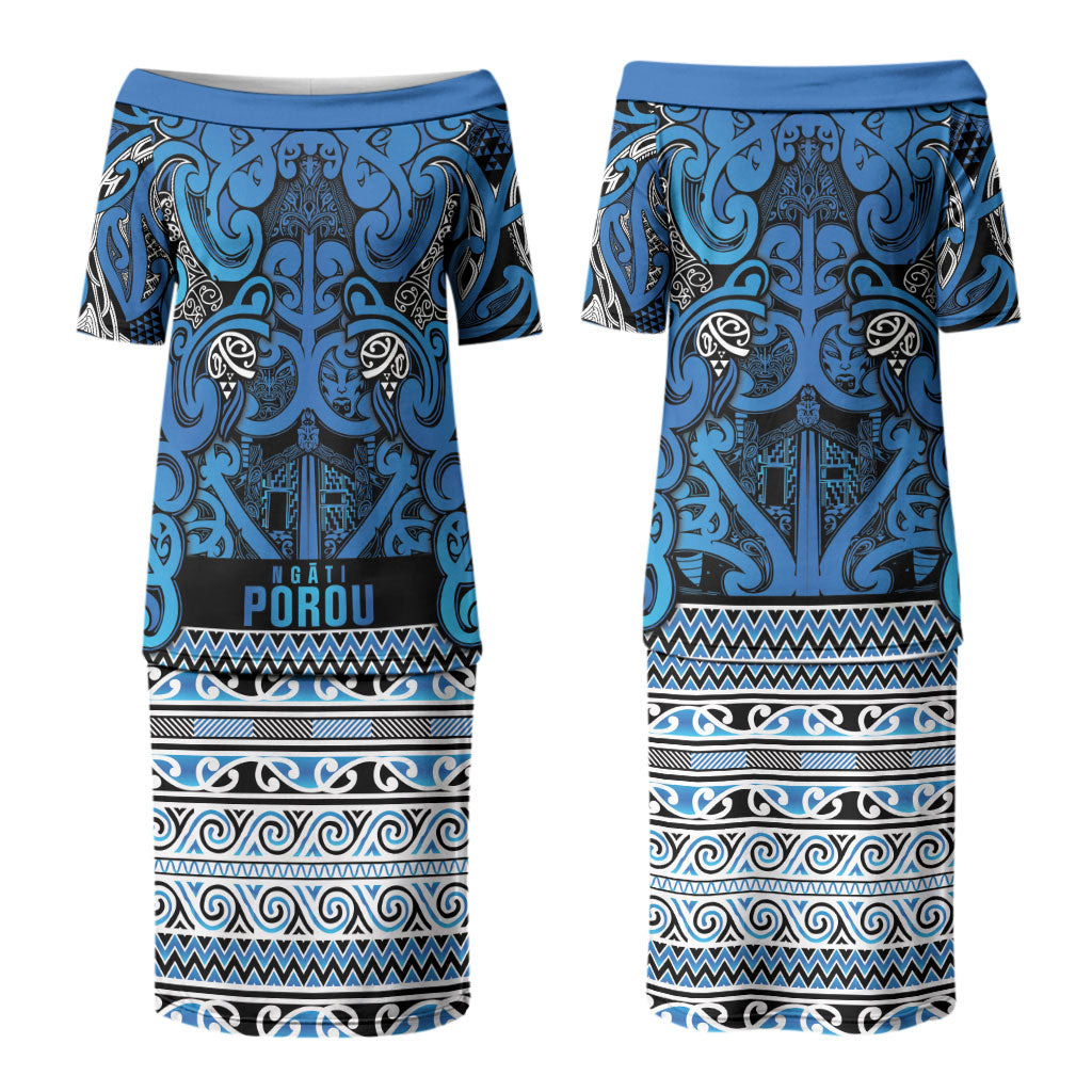 Aotearoa Iwi Ngati Porou Couples Matching Puletasi and Long Sleeve Button Shirt Maori Wharenui House Tribal Pattern