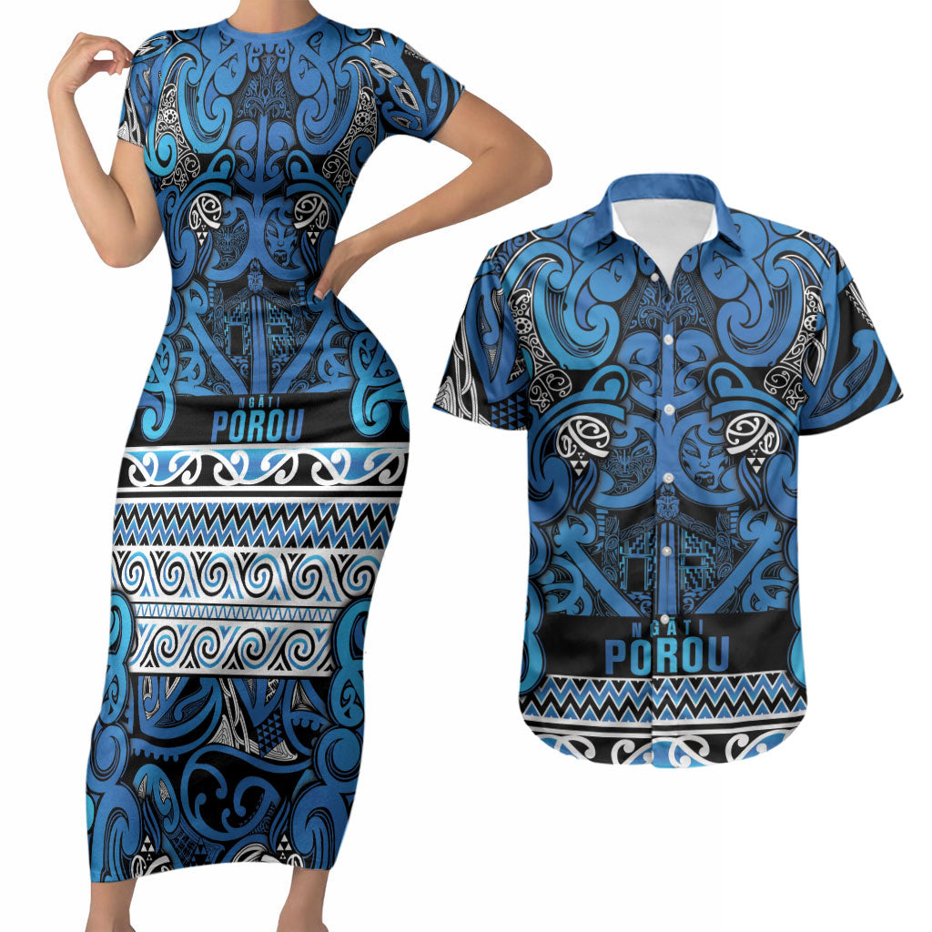 Aotearoa Iwi Ngati Porou Couples Matching Short Sleeve Bodycon Dress and Hawaiian Shirt Maori Wharenui House Tribal Pattern