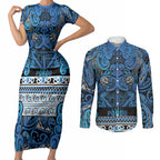 Aotearoa Iwi Ngati Porou Couples Matching Short Sleeve Bodycon Dress and Long Sleeve Button Shirt Maori Wharenui House Tribal Pattern