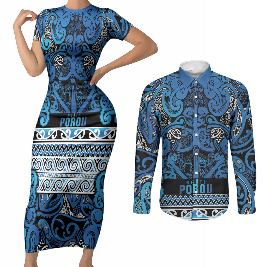 Aotearoa Iwi Ngati Porou Couples Matching Short Sleeve Bodycon Dress and Long Sleeve Button Shirt Maori Wharenui House Tribal Pattern