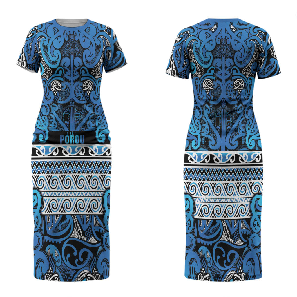 Aotearoa Iwi Ngati Porou Couples Matching Short Sleeve Bodycon Dress and Long Sleeve Button Shirt Maori Wharenui House Tribal Pattern