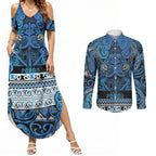 Aotearoa Iwi Ngati Porou Couples Matching Summer Maxi Dress and Long Sleeve Button Shirt Maori Wharenui House Tribal Pattern
