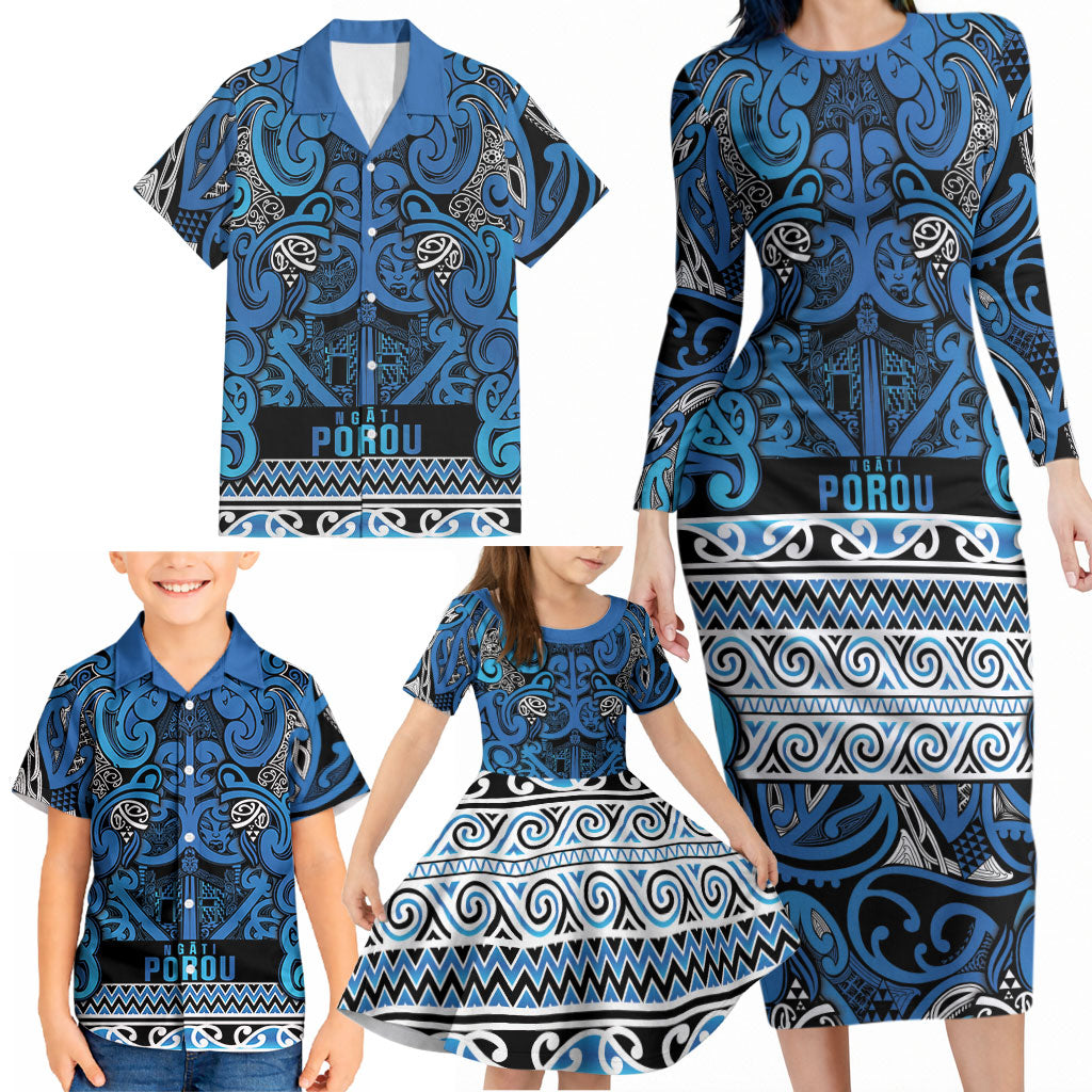 Aotearoa Iwi Ngati Porou Family Matching Long Sleeve Bodycon Dress and Hawaiian Shirt Maori Wharenui House Tribal Pattern