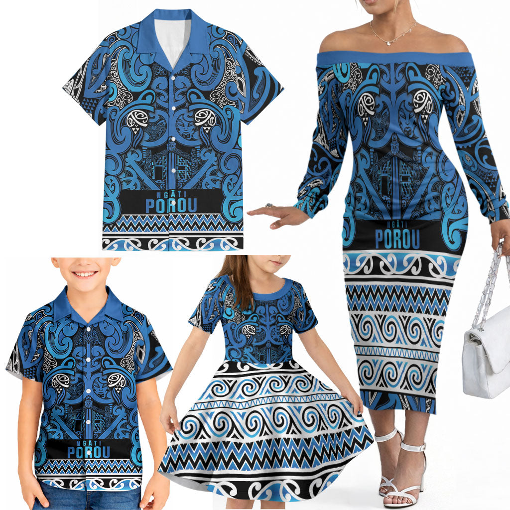 Aotearoa Iwi Ngati Porou Family Matching Off The Shoulder Long Sleeve Dress and Hawaiian Shirt Maori Wharenui House Tribal Pattern