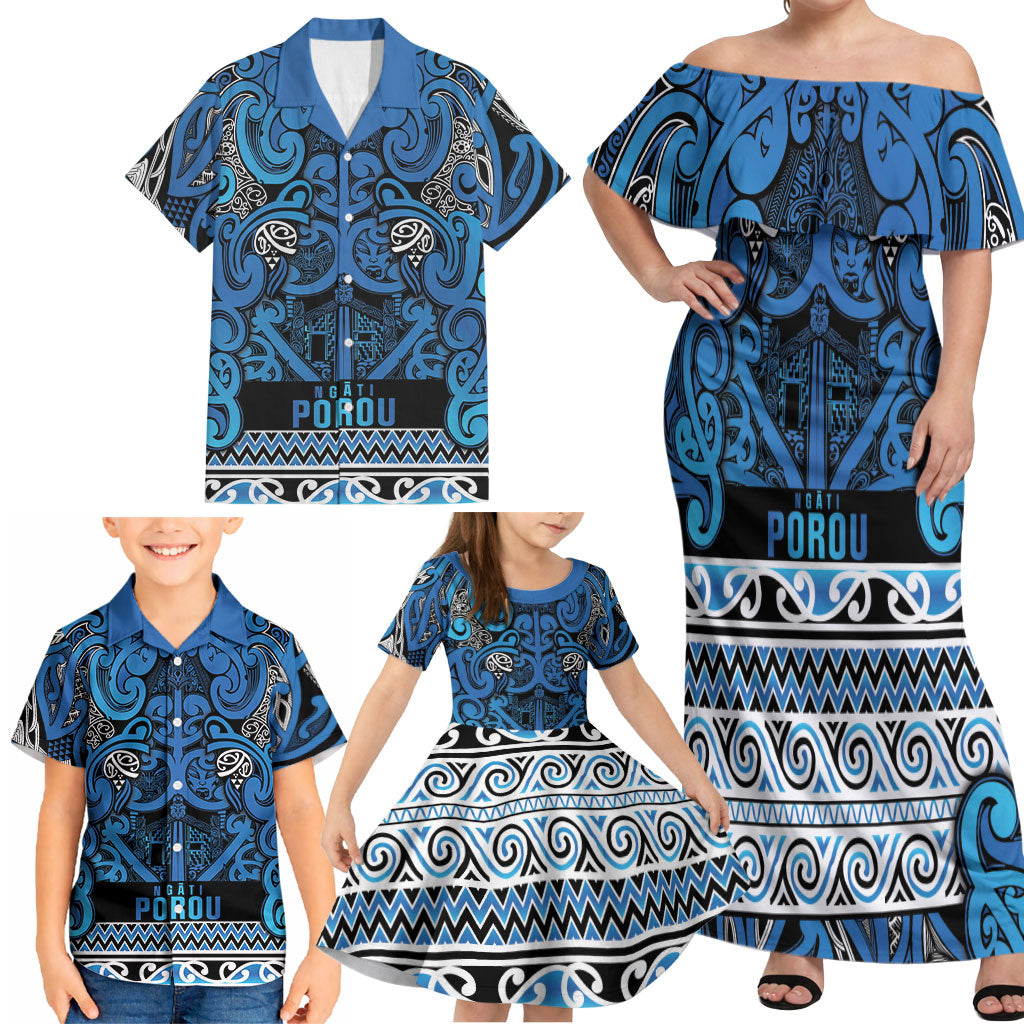 Aotearoa Iwi Ngati Porou Family Matching Off Shoulder Maxi Dress and Hawaiian Shirt Maori Wharenui House Tribal Pattern