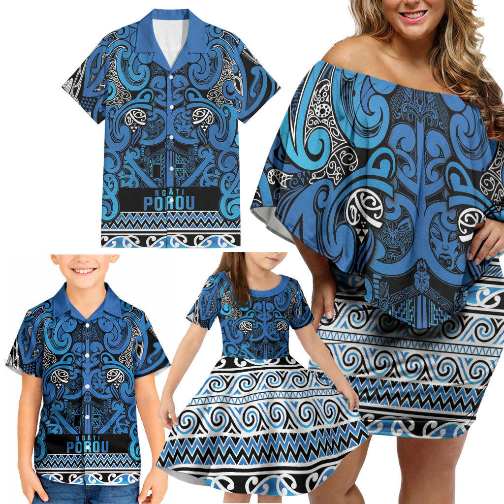 Aotearoa Iwi Ngati Porou Family Matching Off Shoulder Short Dress and Hawaiian Shirt Maori Wharenui House Tribal Pattern