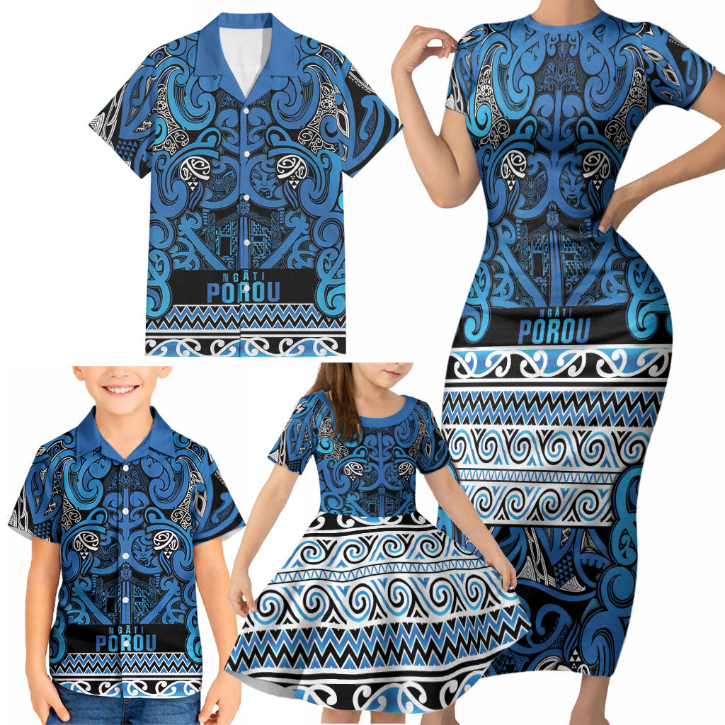 Aotearoa Iwi Ngati Porou Family Matching Short Sleeve Bodycon Dress and Hawaiian Shirt Maori Wharenui House Tribal Pattern