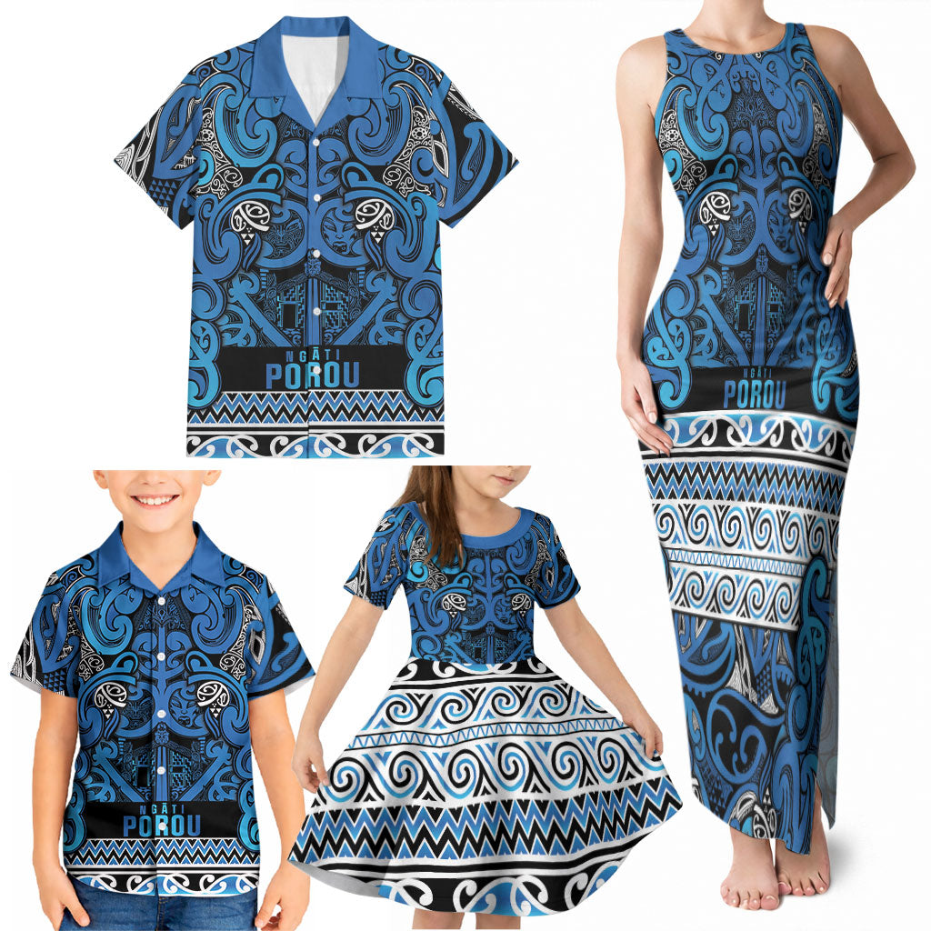 Aotearoa Iwi Ngati Porou Family Matching Tank Maxi Dress and Hawaiian Shirt Maori Wharenui House Tribal Pattern