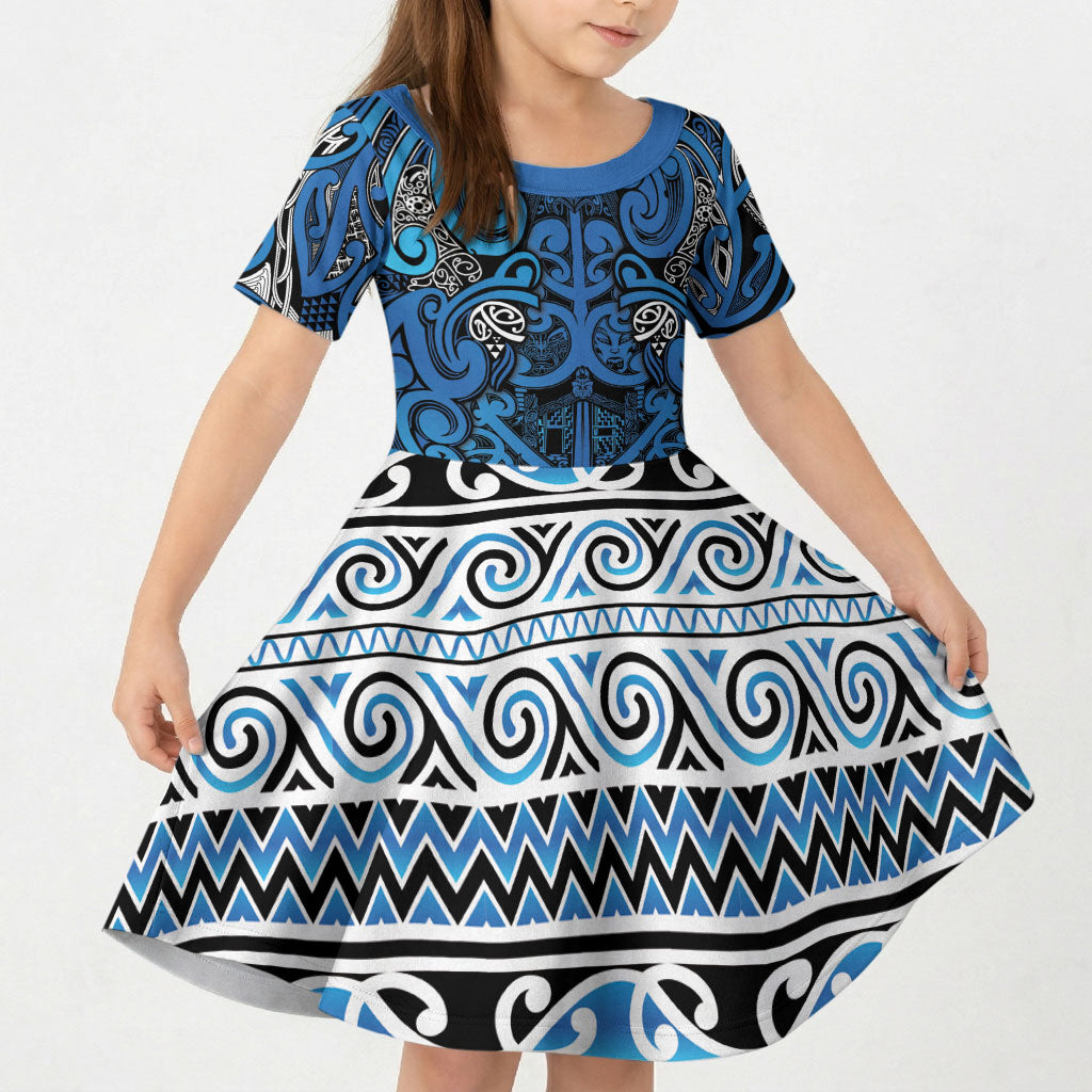 Aotearoa Iwi Ngati Porou Kid Short Sleeve Dress Maori Wharenui House Tribal Pattern