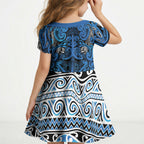 Aotearoa Iwi Ngati Porou Kid Short Sleeve Dress Maori Wharenui House Tribal Pattern
