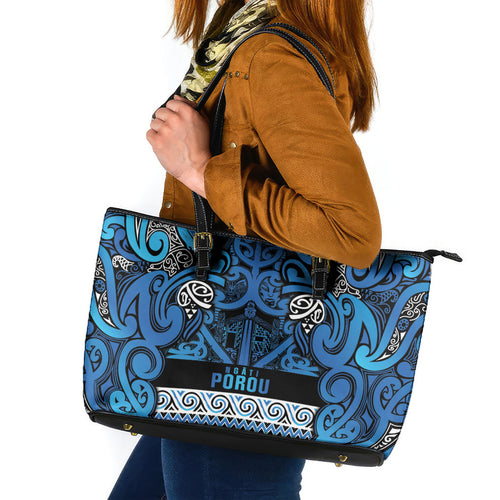 Aotearoa Iwi Ngati Porou Leather Tote Bag Maori Wharenui House Tribal Pattern